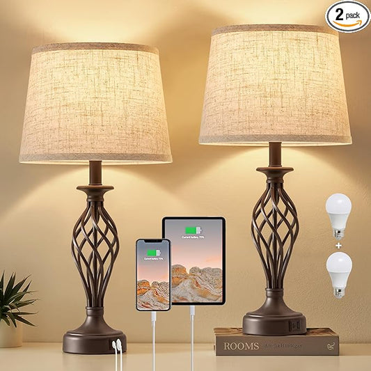 Table Lamp for Bedroom Set of 2 with USB C+A Ports - Modern Brown Bedside Lamps with Spiral Cage Base Fabric Shade - Nightstand Lamp for Living Room Reading Bed Side End Table 2 LED Bulbs Included - Bloomnest