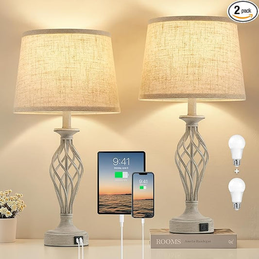 Table Lamp for Bedroom Set of 2 - Light Grey Bedside Lamps with USB C+A Ports,Rustic Distressed Farmhouse Bedroom Lamp - Lamp for Living Room Reading Bed Side End Table Bulbs Included - Bloomnest