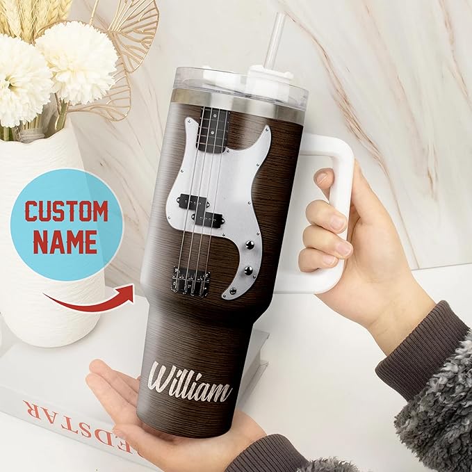 WAZONE Personalized Bass Guitar Tumbler 40oz with Handle and Straw Custom Name Guitarist Nutrition Facts Travel Mug Vacuum Tumblers Gifts Ideas For Men Band Musician Acoustic Music Teacher - Bloomnest