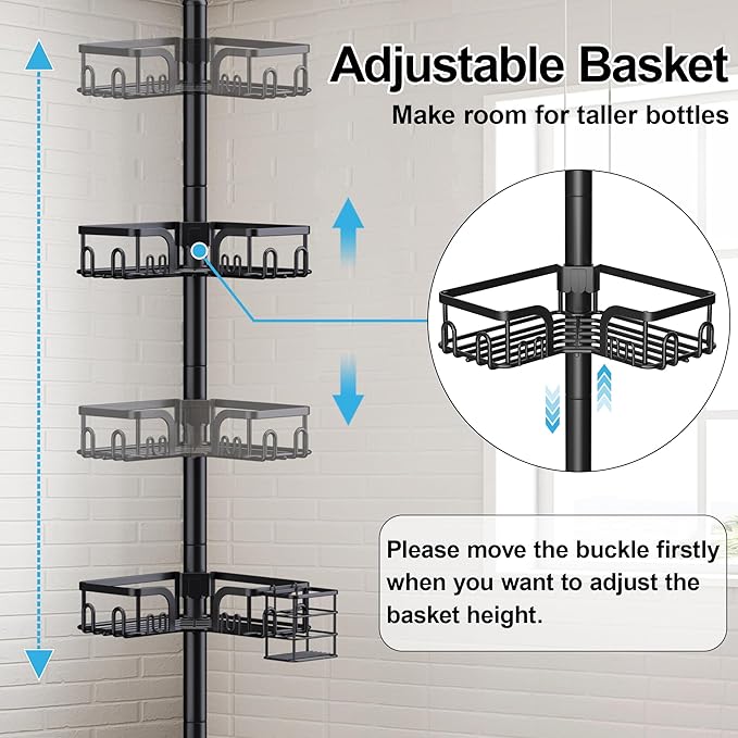 Corner Shower Caddy Tension Pole 4 Tier Adjustable Stainless Steel Shower Shelf for Inside Shower Bathtub Shampoo,Standing Bathroom Organizer Shelves with 39 to 113 inch Height - Bloomnest