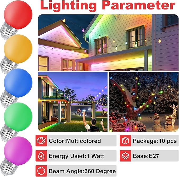 LED Colored Light Bulbs, E27 Small Light Bulb, G45 1W LED Bulb, Purple Yellow Green Red Blue for Bedroom Wedding Halloween Christmas Party Bar Mood Decoration,10 Pack - Bloomnest