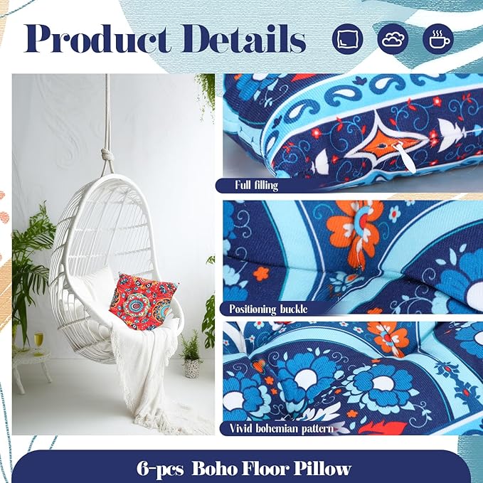 Menkxi 6 Pcs Bohemian Floor Pillows Seating 15 Inch Boho Floor Cushions Sitting Pillows Square Yoga Mandala Meditation Pouf for Living Room Balcony Office Tatami(Classic) - Bloomnest