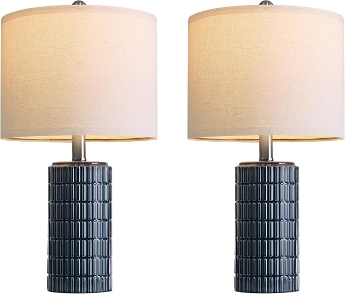 PoKat 20.75" Small Blue Table Lamps, Farmhouse Bedside Lamps for Bedroom Set of 2, Ceramic End Table Lamps for Night Stands Living Room, Modern Nightstand Desk Lamps, Dark Blue - Bloomnest