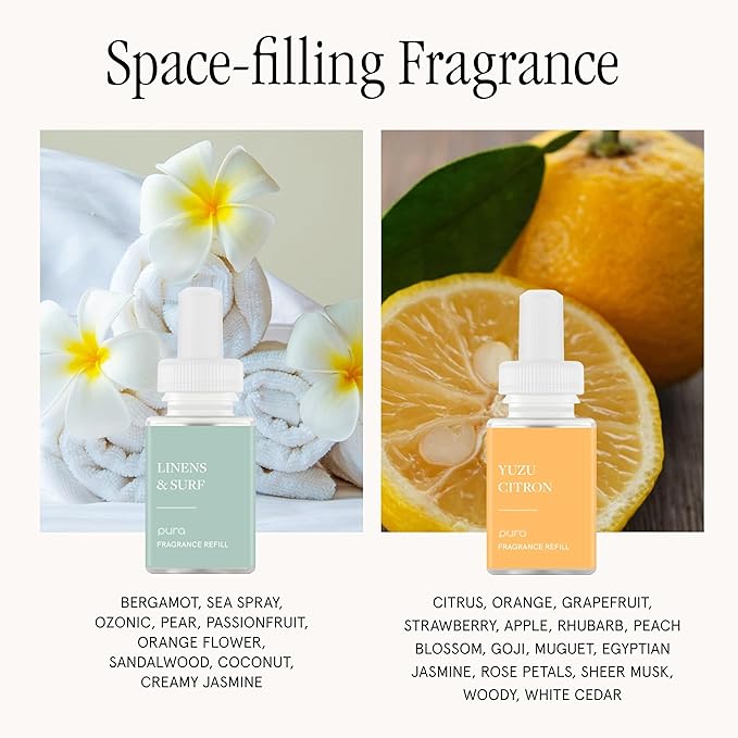 Pura - Smart Home Fragrance Device Starter Set - Pura 4 - Scent Diffuser for Home - Includes Fragrance Aroma Diffuser - Square Box, Linens & Surf and Yuzu Citron Scent Refills - Bloomnest