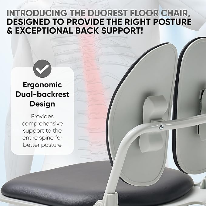 Made in Korea Dual-Backrests Ergonomic Floor Chair With Back Support - Meditation, Gaming, Reading Chair for Adults, Foldable (Black Leather) - Bloomnest