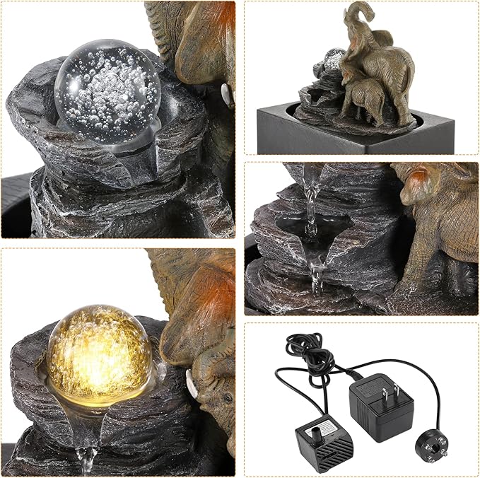 WICHEMI Water Fountains Indoor Waterfall Fountain Tabletop Fountain Water Feature Indoor Zen Garden Elephant Fountain with LED Warm Light for Home and Office Indoor Spaces Decor