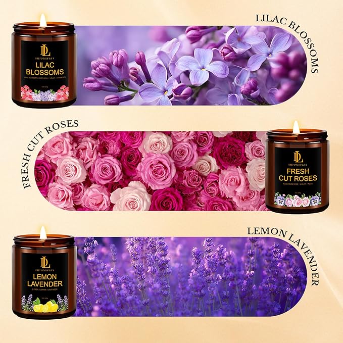 6 Pack Candles for Home Scented, Scented Candles Gifts Set for Women Men, 42 oz Soy Candle Set, Scents of Fresh Cut Roses/Lemon Lavender/Vanilla Cupcake/Amber Patchouli/Lilac Blossoms/Mint Eucalyptus - Bloomnest
