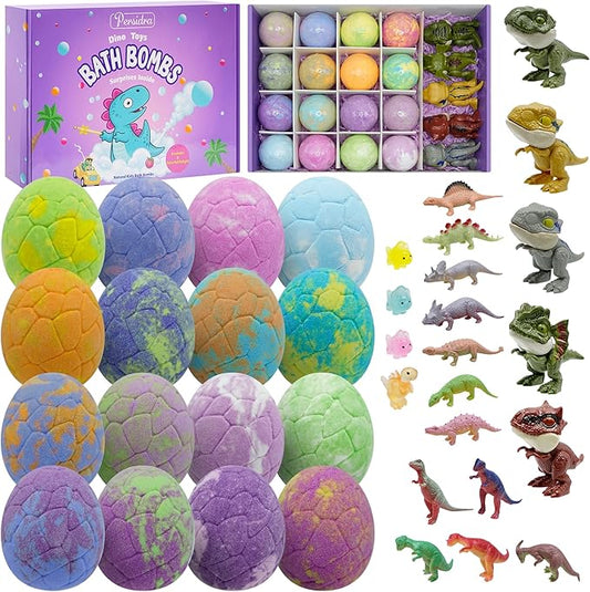 Bath Bombs for Kids with Surprise Inside, 16 Pack Kids Bath Bombs Gift Set for Easter Basket Stuffers, Dino Egg Bath Bomb Kit with 5pcs Dinosaur Bath Toy for Boys Girls Birthday,Christmas - Bloomnest