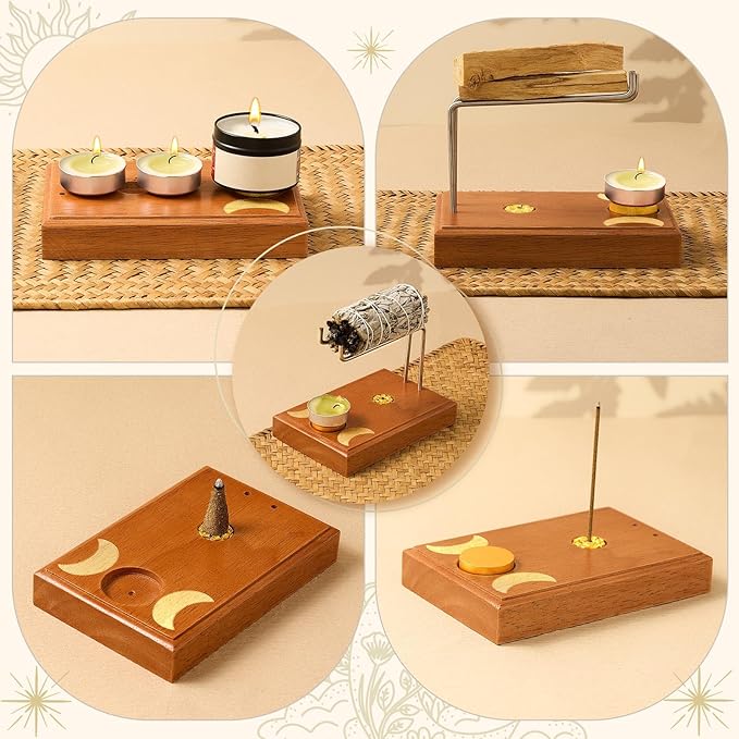 4 in 1 Palo Santo and Sage Holder, Incense Sticks and Candle Holder with 4 Wooden Cylindrical Bases, Natural Wood Burner Bowl for Yoga Meditation Spirituality Enthusiasts Thanksgiving Gift DoubleFill
