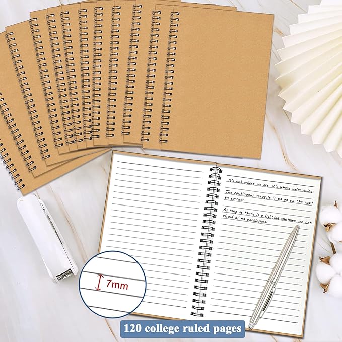 12Pack Small Spiral Notebook A5, 8.25x5.5” 120 Lined Pages Brown Wide Ruled Spiral Journal Bulk Blank Kraft Cover Spiral Bound Notebook & Writing Pads for Home Office Meeting Work Note Taking - Bloomnest