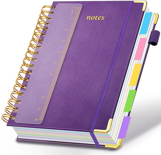 Hardcover Spiral Notebook 8.5"x11" Journal Notebook with Tabs and Removable Dividers 300 Pages 5 Subject Notebook College Ruled, Faux Leather Spiral Bound Notebook for Women School Work (Purple) - Bloomnest