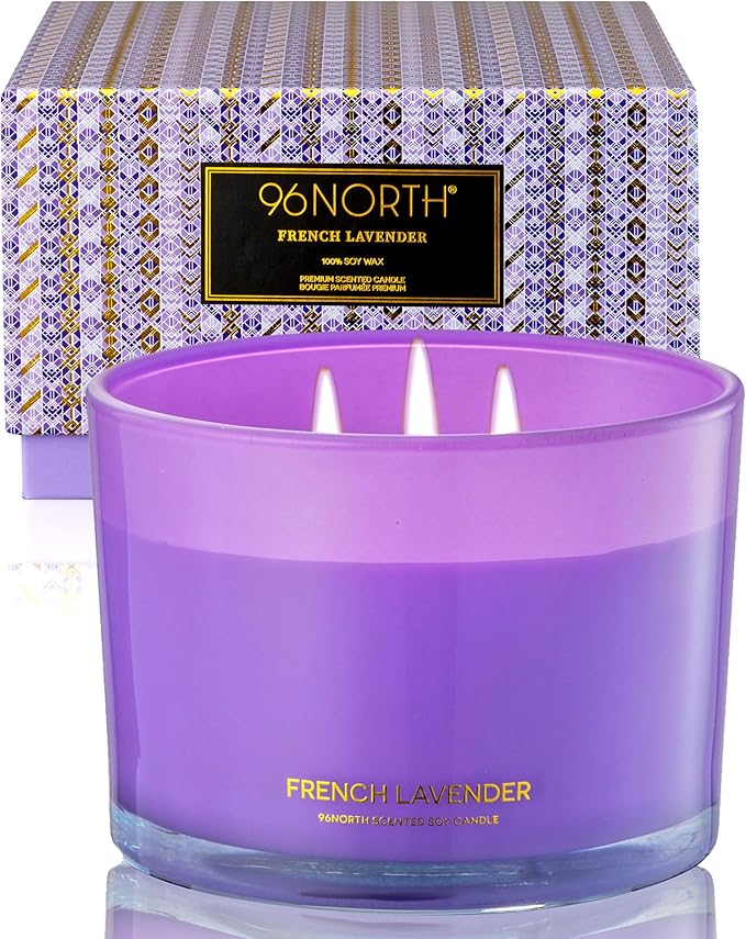 96NORTH Luxury Lavender Soy Candle | Large 3 Wick Jar Candle | Up to 50 Hours Burning Time | 100% Natural Soy Wax | Relaxing Aromatherapy Aesthetic Candle | Housewarming Gift for Women and Men - Bloomnest