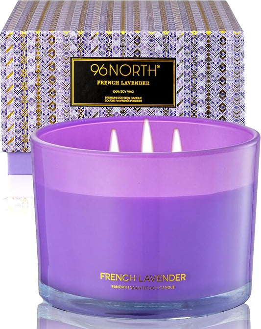 96NORTH Luxury Lavender Soy Candle | Large 3 Wick Jar Candle | Up to 50 Hours Burning Time | 100% Natural Soy Wax | Relaxing Aromatherapy Aesthetic Candle | Housewarming Gift for Women and Men - Bloomnest