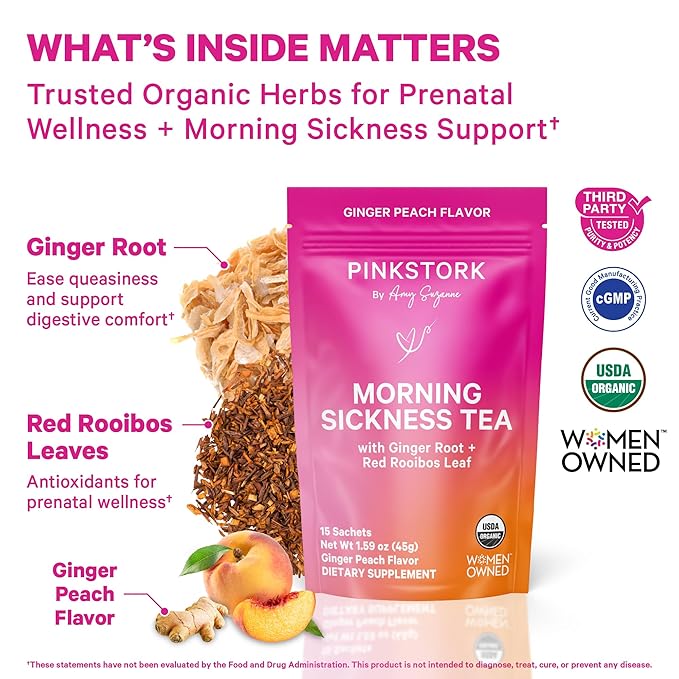 Pink Stork Organic Morning Sickness Pregnancy Tea - Hot or Iced Tea - Prenatal Heartburn, Indigestion, and Constipation Support - 1st Trimester Pregnancy Must Haves - Ginger Peach, 15 Sachets - Bloomnest