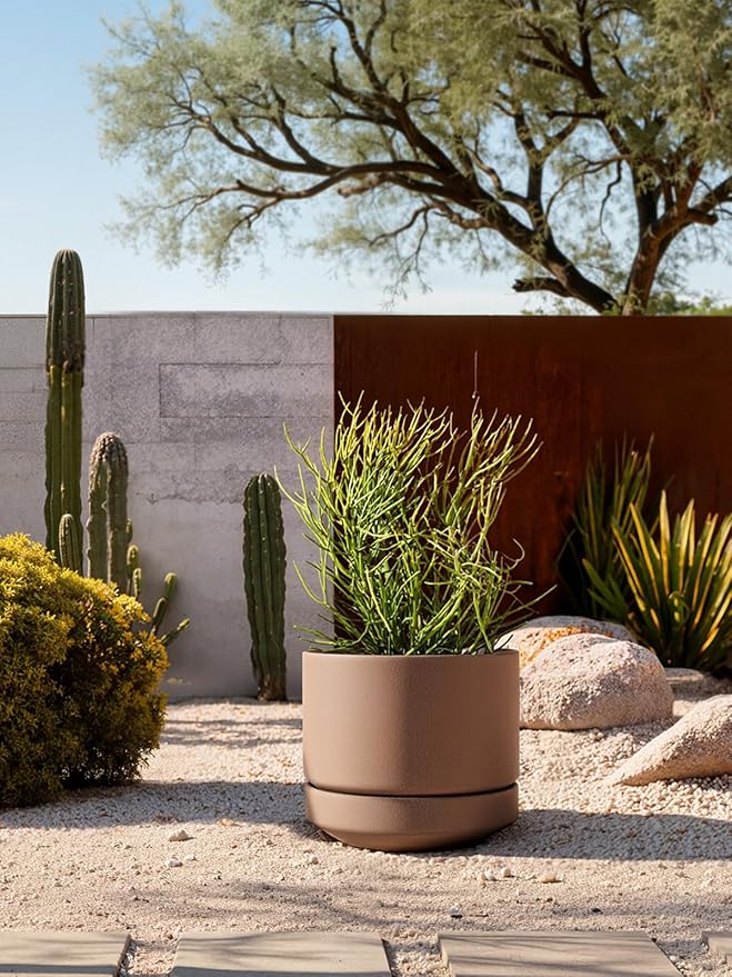 LE TAUCI Large 14 Inch Plant Pot with Saucer | Ceramic Outdoor & Indoor Big Planter Pot | Drainage Hole, Mesh Pad & Plug | Unglazed Porous | Modern Minimalist for Home and Patio – Terracotta Color - Bloomnest