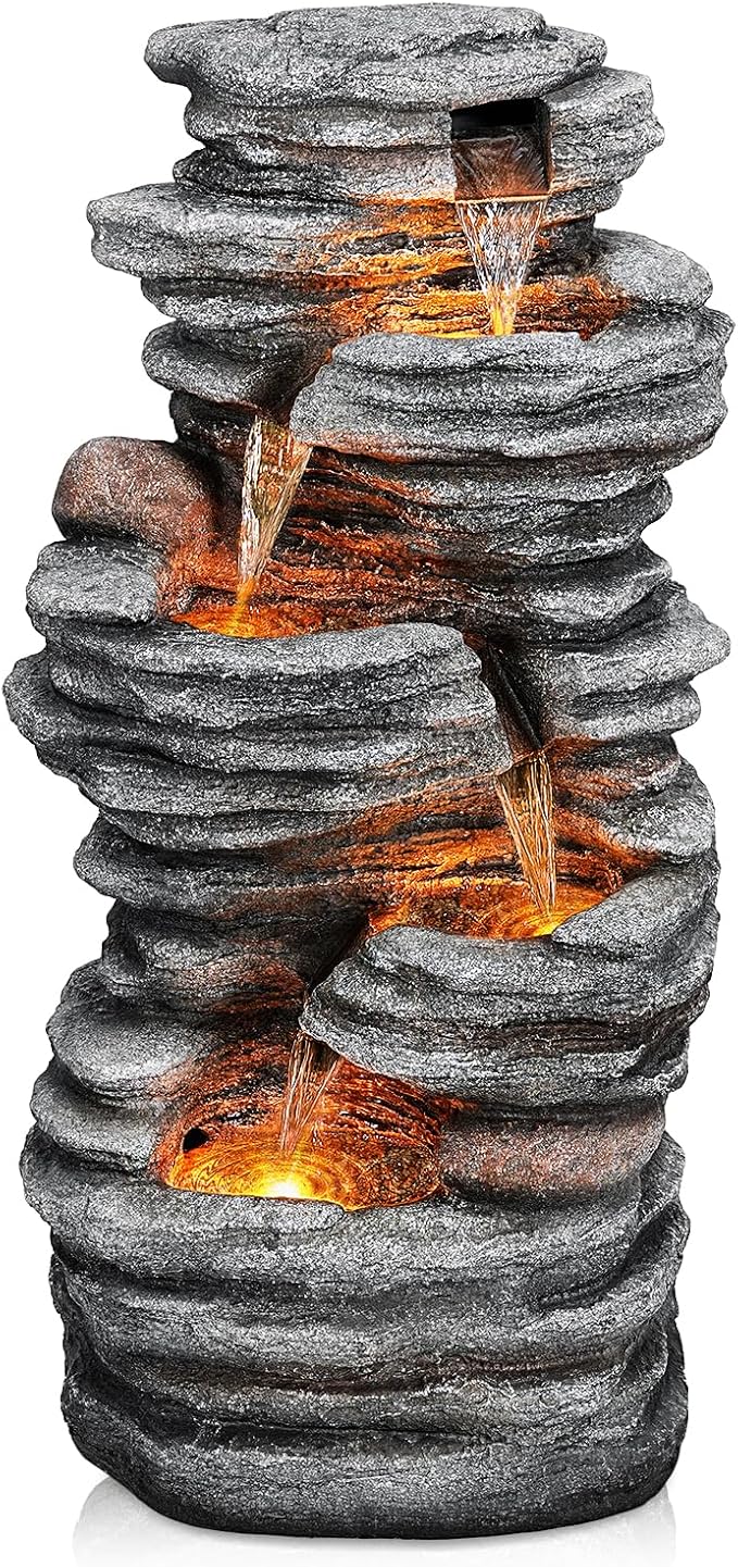 40" Outdoor Water Fountain with LED Lights - 5-Tier Cascading Rock Waterfall Fountain, Natural Rock Look, Ideal for Garden, Landscaping, Patio, Balconies and Yard Decor - Bloomnest