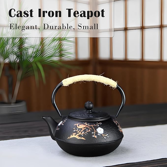 Cast Iron Teapot SECHUDO Teapot for Stovetop Safe Coated with Enameled Interior,Japanese Beautiful Tea Kettle with Stainless Steel Infuser for Loose Tea (30.4oz Plum Blossoms and Bird Pattern) - Bloomnest