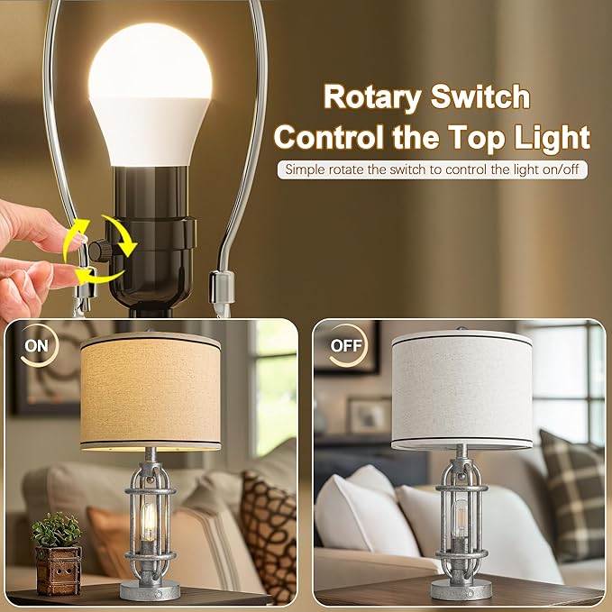 23.75'' Table Lamps Set of 2 for Living Room Bedroom Industrial Farmhouse Metal Touch Lamps with USB A+C Ports, Night Light Vintage Nightstand Bedside Lamp, Bulbs Included, Antique Silver - Bloomnest