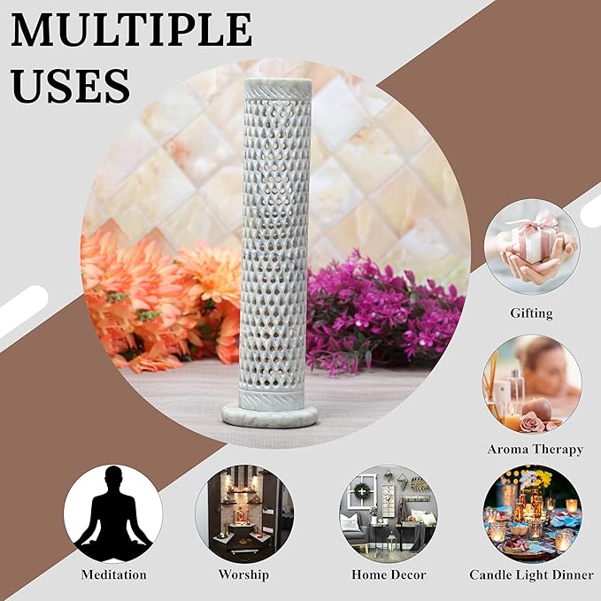 Crocon Handmade Incense Tower Candle Stick Holder Soapstone Tea Light Tower Burner | Candles Stand |Office Decor Room Fragrance Decorative Kitchen Home Spa Great Gift Set - 11X3X3 Inch