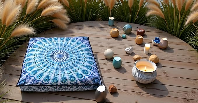 INDIAN CRAFT CASTLE 24" Green Peacock Mandala Barmeri Large Floor Pillow Cover Cushion Meditation Seating Ottoman Throw Cover Hippie Decorative Zipped Bohemian Pouf Ottoman Pom Pom Cases 24" Square - Bloomnest