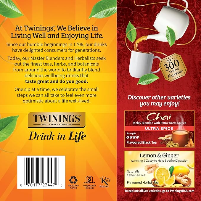 Twinings Chai Black Tea Individually Wrapped Bags, 100 Count (Pack of 1), Richly Blended with Warm Spices, Caffeinated, Enjoy Hot or Iced, 100 Teabags - Bloomnest