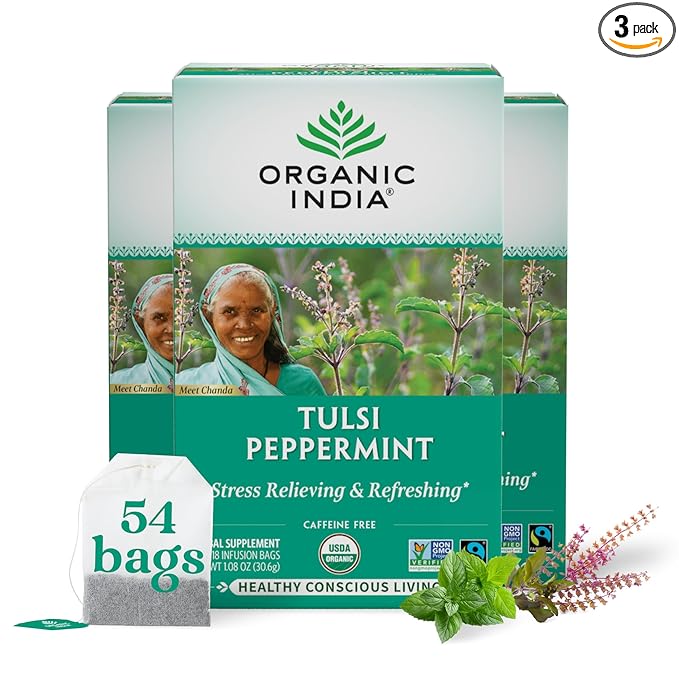 ORGANIC INDIA Tulsi Peppermint Tea - Caffeine Free Herbal Mint Tea - Stress Relieving Holy Basil, Immune & Digestion Support, Vegan, USDA Certified Organic, Fairtrade - 18 Infusion Bags, 3 Pack - Bloomnest