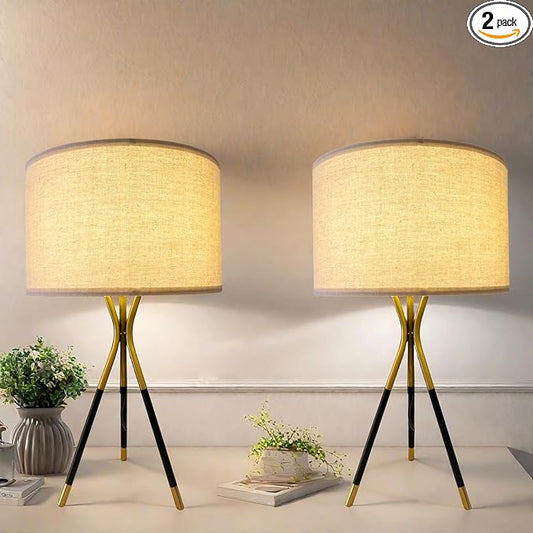 20.8" Modern Metal Tripod Table Lamp Set of 2, Nightstand Lamp with Beige Linen Lampshade, Side Table Lamp for Bedroom Living Room Coffee Table Home Office (Bulb Included) - Bloomnest