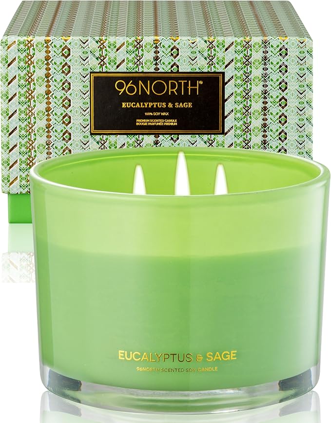 96NORTH Luxury Eucalyptus & Sage Soy Candle | Large 3 Wick Jar Candle | Up to 50 Hours Burning Time | 100% Natural Soy Wax | Housewarming Gift for Men and Women - Bloomnest