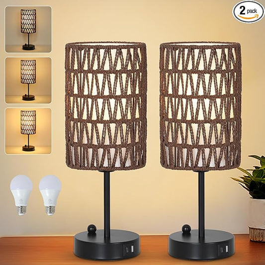 Bedside Lamps Set of 2, Touch Control Night Stand Lamp for Bedroom with Rattan & Linen Shade & Bulbs, 3 Way Dimmable Small Boho Table Lamps with USB Charging Port & Phone Stand (Coffee Color) - Bloomnest