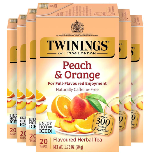 Twinings Peach & Orange Herbal Tea Individually Wrapped Bags, 20 Count (Pack of 6), Juicy & Fruity, Naturally Caffeine-Free, Enjoy Hot or Iced, 120 Teabags