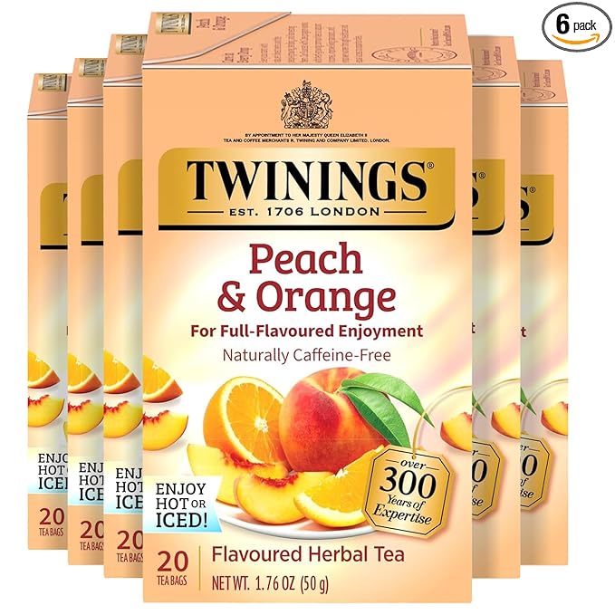 Twinings Peach & Orange Herbal Tea Individually Wrapped Bags, 20 Count (Pack of 6), Juicy & Fruity, Naturally Caffeine-Free, Enjoy Hot or Iced, 120 Teabags - Bloomnest