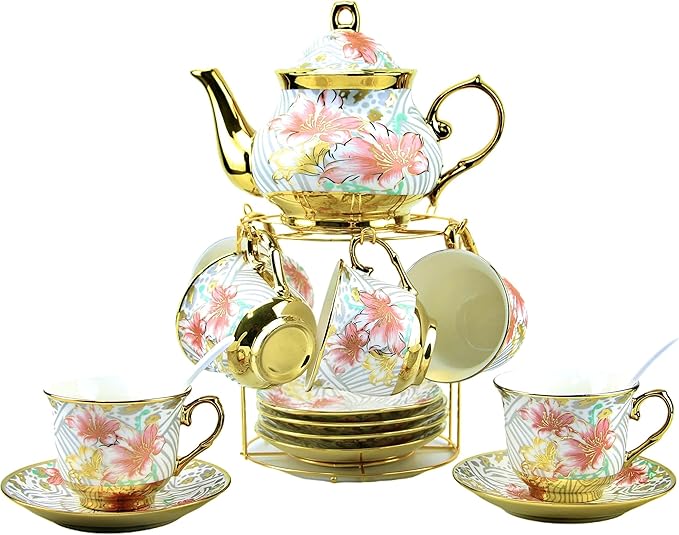 20 Pieces Porcelain Tea Set With Metal Holder, European Ceramic tea set for adults,Flower Tea Set,Tea Set For Women With Flower Painting (Large version, White) - Bloomnest