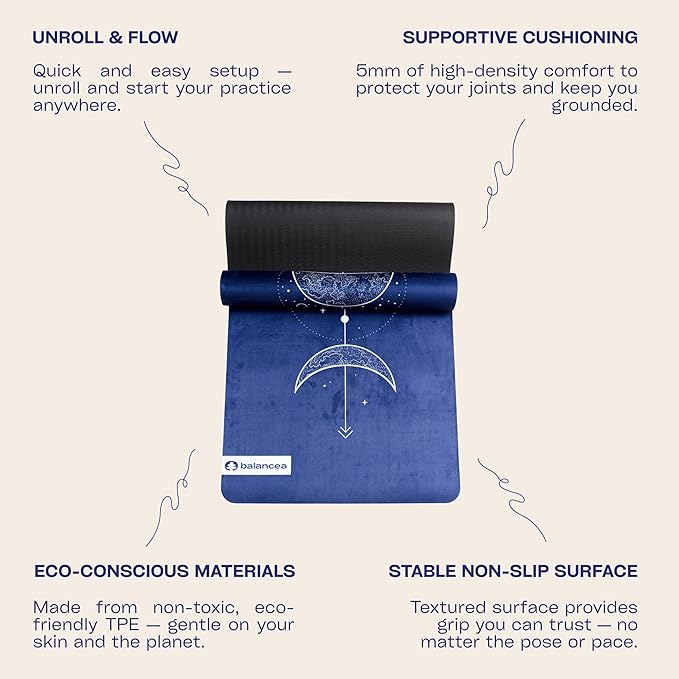 Yoga Mat With Strap 5mm Non Slip Suede & TPE - Beige Eco-Friendly Fitness & Exercise Mat for Home Gym, Pilates, Hot Yoga, and Meditation - Lightweight Durable 72 x 24 inch Workout Mat for Women, Men