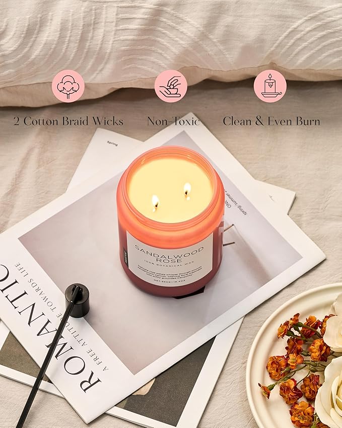 M&SENSE Sandalwood Rose Scented Candle 19.4oz 110 Hours Long Lasting Burn Natural Soy Wax Strong Scented Candle for Home, 2 Wick Home Fragrance Slow Burning Housewarming Gifts for Men Women - Bloomnest