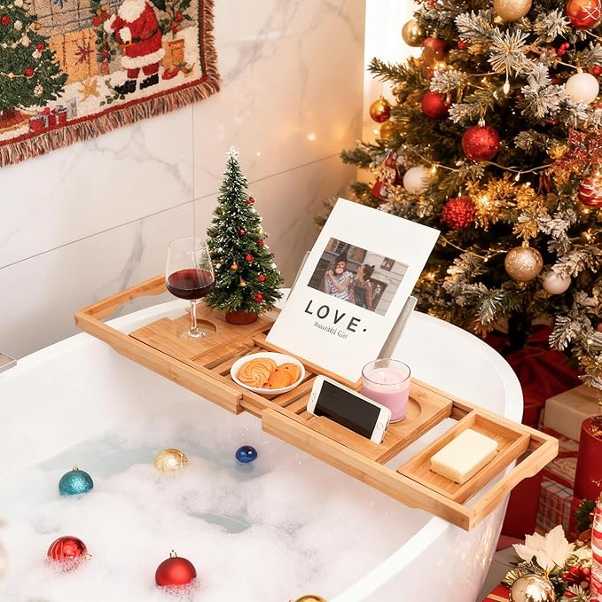 Utoplike Bamboo Bathtub Caddy Tray Bath Tray for Tub, Adjustable Bathroom Bathtub Organizer with Book Tablet Wine Glass Cup Towel Holder - Bloomnest