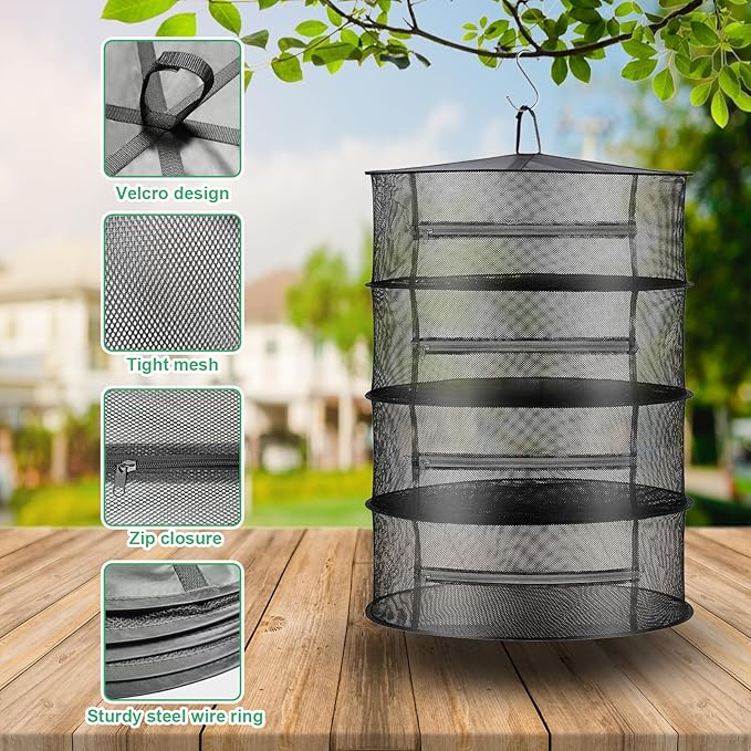 Herb Drying Rack Net Mesh with Black Zippers Hydroponics, Bonus Hook Scissor Drying Rack 2ft for Plant Bud Seed, Mesh Hanging Plant Dry, Herb Dry Net for Garden (4 L, Black Zipper) - Bloomnest
