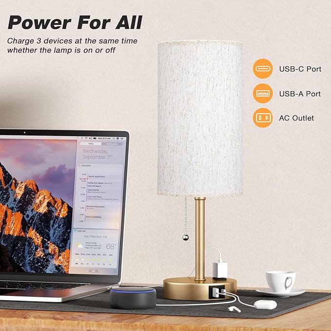 Dicoool Gold Bedside Table Lamp for Bedroom, 17Inch Tall Nightstand Lamp with USB C & A Ports & AC Outlet, 3 Color Temperatures Pull Chain Side Table Lamp for Living Room/Kitchen/Dorm/Office - Bloomnest