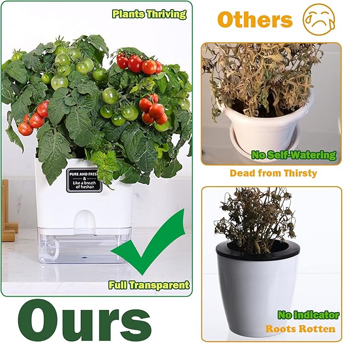 Planterhoma Self Watering Plant Pots for Indoor Plants 7/10 inch, 4 Packs Square Self-Watering Planters with Drainage Hole, White African Violet Pots for Devil's Ivy, Spider Plant, Orchid - Bloomnest