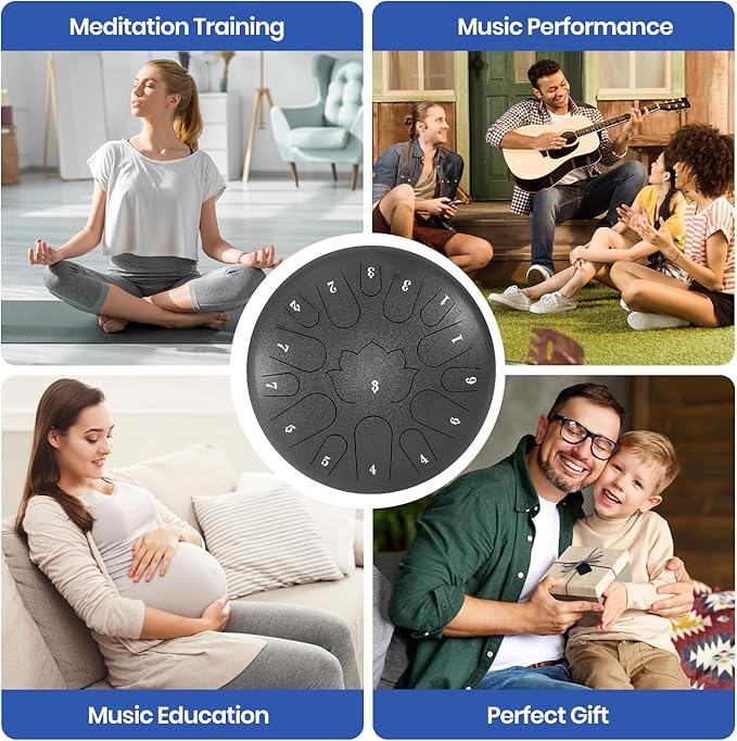 Steel Tongue Drum, 12 Inch 15 Notes Outdoor Rain Drum, Hand Pan Drums, with Music Book, Handpan Drum Mallet, and Carry Bag (Black, 12 Inch)