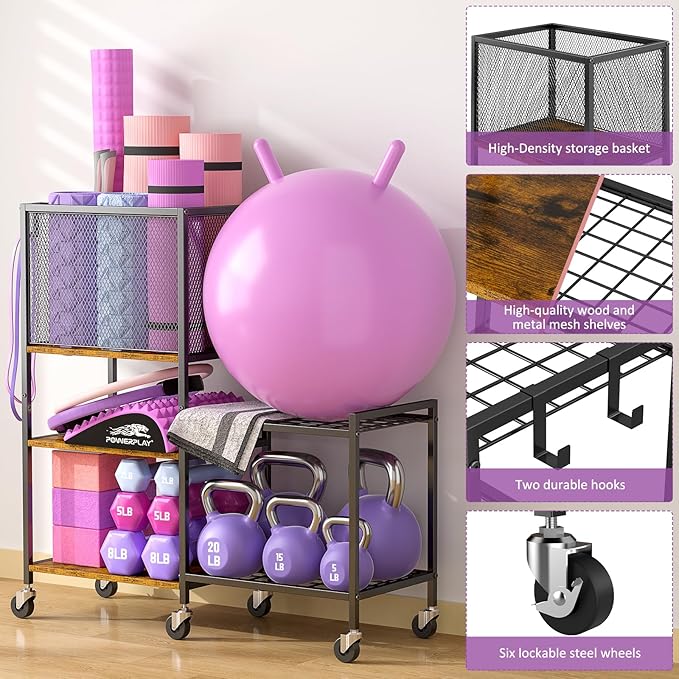 5 Tier Dumbbell Rack, Yoga Mat Storage Holder, Home Gym Storage Rack, Workout Equipment Storage Organizer, Weight Storage Holder Rack with Hooks and Wheels - Bloomnest
