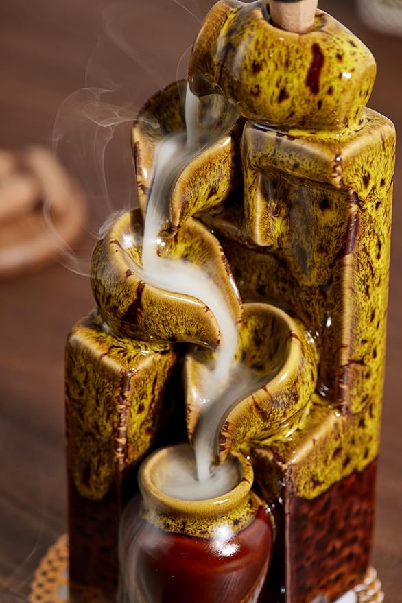 Unique Cascading Basins Ceramic Waterfall Incense Holder, Paired with a Pack of Backflow Incense Cones. (Fambe Yellow) - Bloomnest