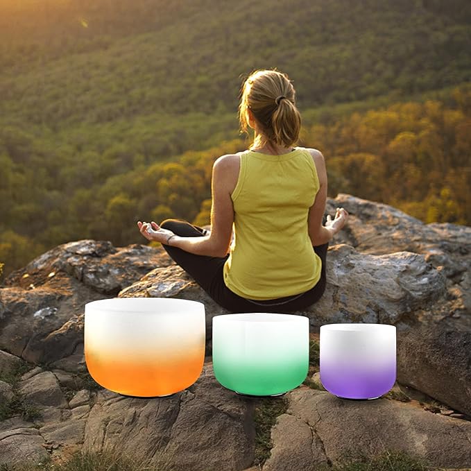 7-11 Inch Set of 3 Gradient Design Quartz Crystal Singing Bowl Chakra Set with Free Carrying Case and Suede Sticker & O-ring - Bloomnest