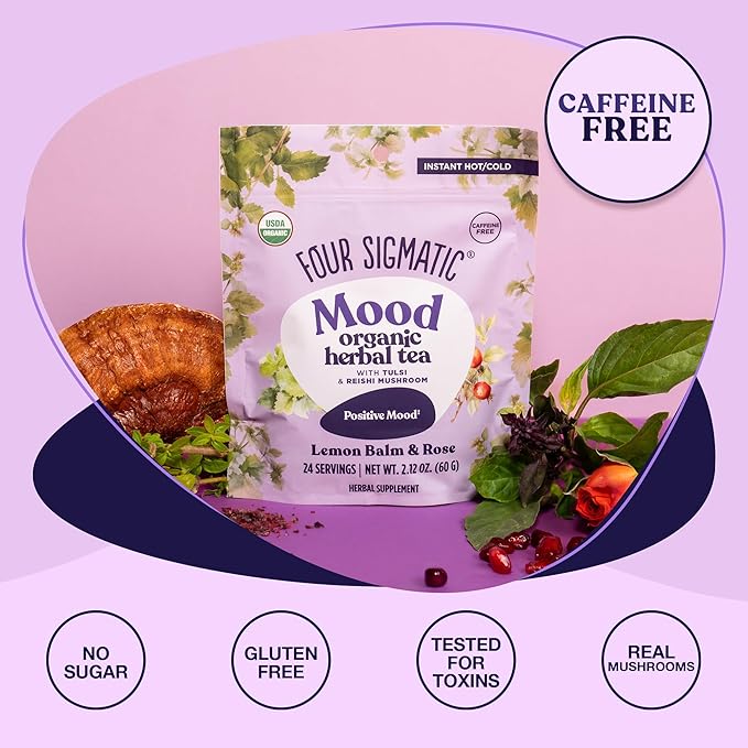 Four Sigmatic Mood Organic Herbal Tea | Enhance Emotional Well-Being with Tulsi & Reishi Tea | Calming Lemon Balm Tea w/Adaptogens | Vegan, Gluten-Free | Lemon Balm & Rose, 24 Servings - Bloomnest