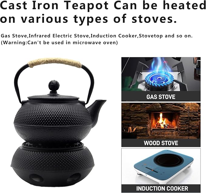 YJX Cast Iron Teapot Set with Cast Iron Warmer, Japanese Tetsubin Tea Kettle Set with Cups,Cast Iron Teapot with Stainless Steel Infuser and Enameled Interior(600ml Teapot Set Combination 1), Black - Bloomnest