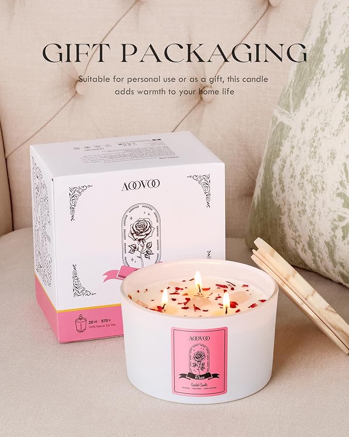 AOOVOO Rose Scented Candles for Women - 20oz 3 Wick Soy Candles for Home Scented, Aromatherapy Candle with Crystals Inside, Birthday Gifts Christmas Candle for Women Mom - Bloomnest