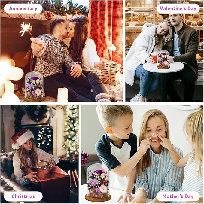 Eternal Flower with Butterfly: Big Flowers Big Love-Elegant Flower in Glass Dome-Thanksgiving, Christmas, Mom Gifts for Her-Flowers for Delivery Prime-Floral Arrangements(Purple) - Bloomnest