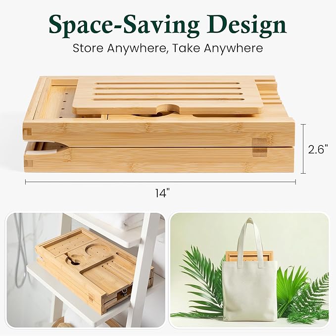 Bamboo Bathtub Tray, Bath Caddy with Wine Glass Holder, Phone Dock & Book Stand | Hands-Free Reading & Ultimate Spa Relaxation Experience-Natural - Bloomnest