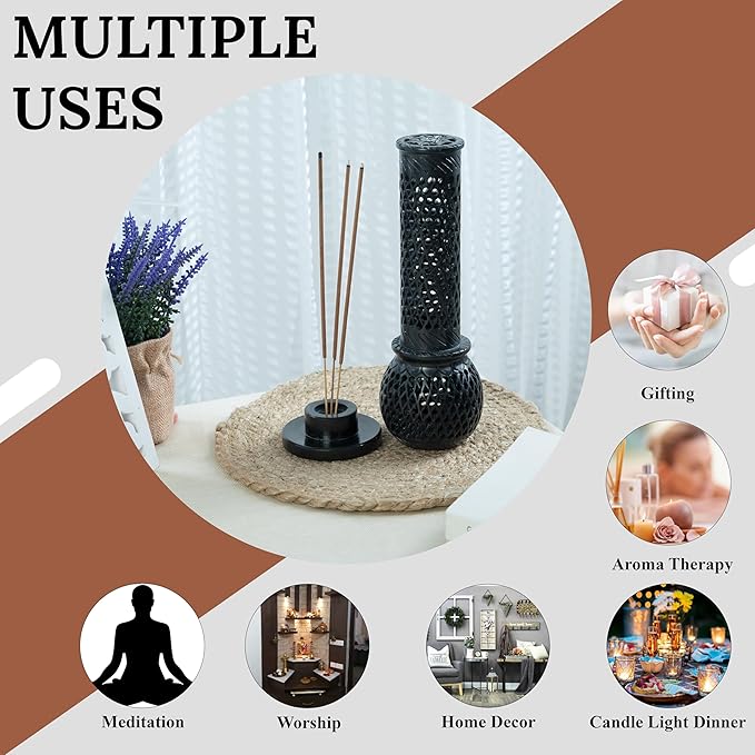 Crocon Handmade Black Marble Soapstone Incense Stick Burner Round Shape Jali and Handi Design Tower Burner | Candle Stick Holder | Decorative Home & Kitchen Best Gift Size - (2.7X2.7X9.4 Inch)