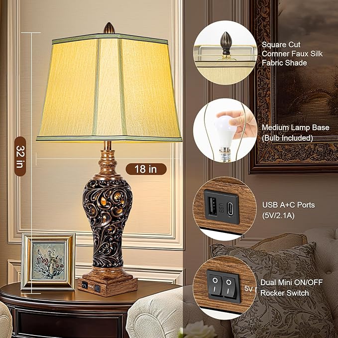 32'' Tall Rustic Vintage Table Lamps Set of 2 with Night Lights - Bedside Lamp with Faux Silk Shades for Bedroom and Living Room with 2 USB Charging Ports,Rustic Lamps for Living Room(Bulb Included) - Bloomnest