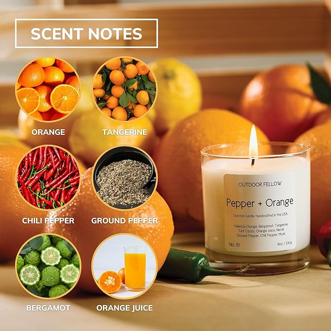 Outdoor Fellow Pepper + Orange Candle, 8oz, Coconut & Apricot Wax Blend, Bergamot, Neroli, Chili Pepper, 40+ Hour Burn Time, Citrus Scented Candle, Vibrant Home Fragrance - Bloomnest